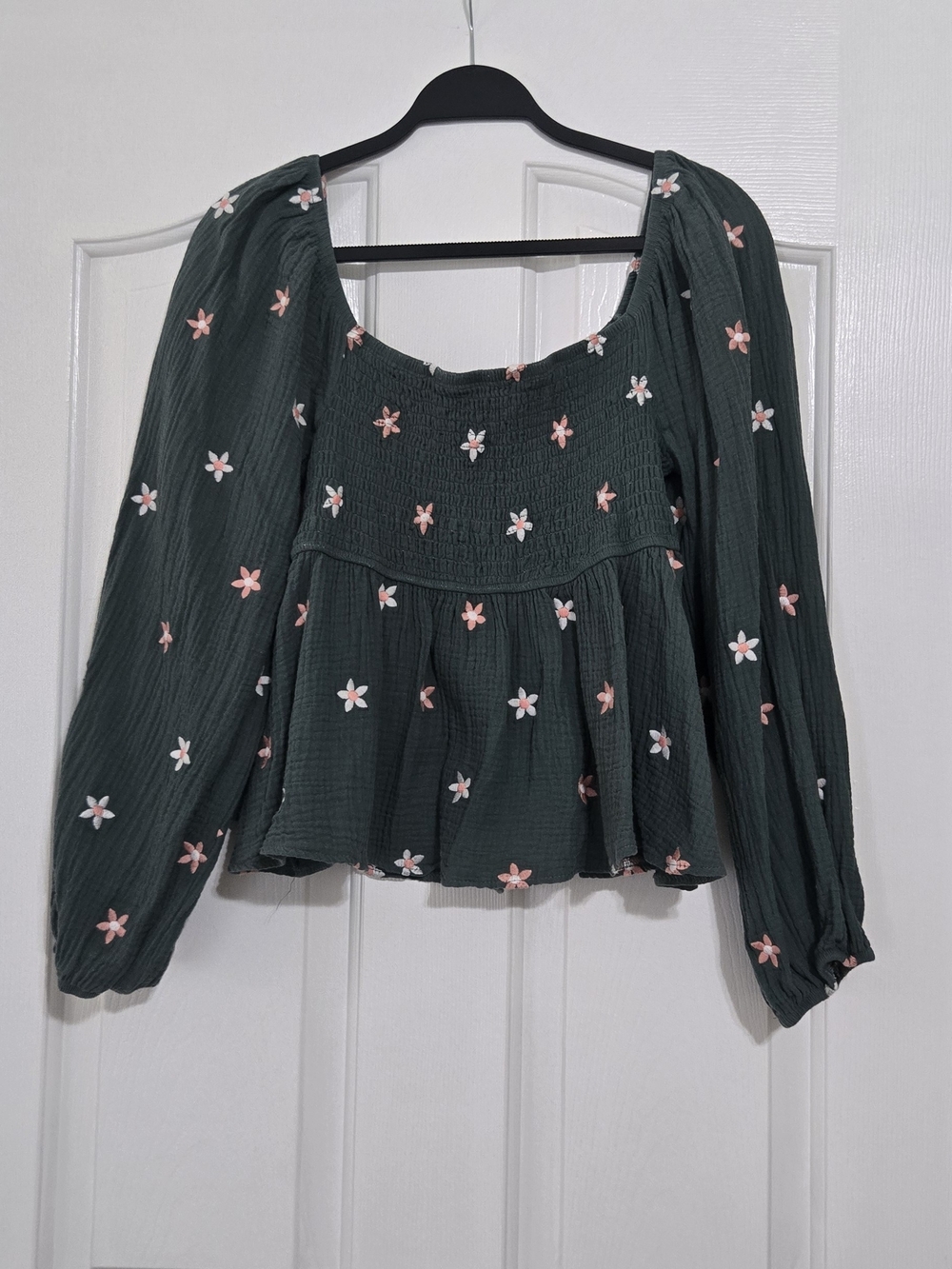 Amazon Dark Green Floral Peasant Blouse with Pink and White Flowers